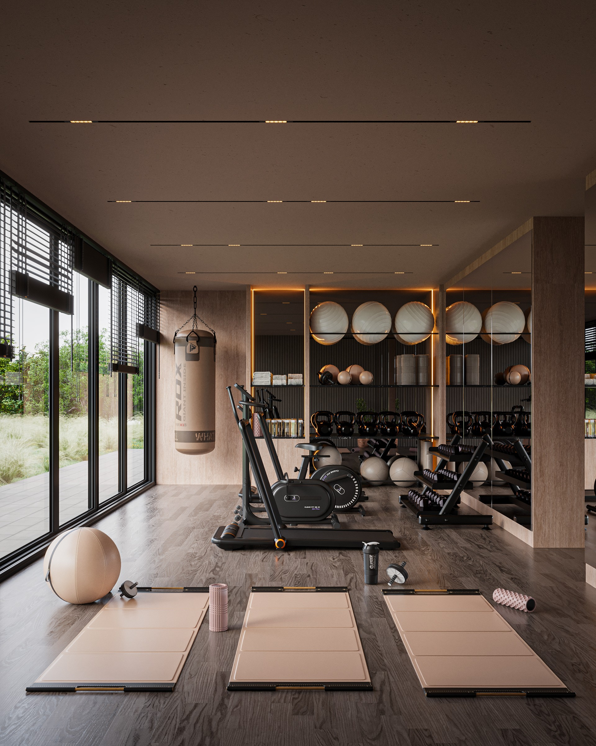 Modern wellness gym with heavy bag, mats and recovery equipment
