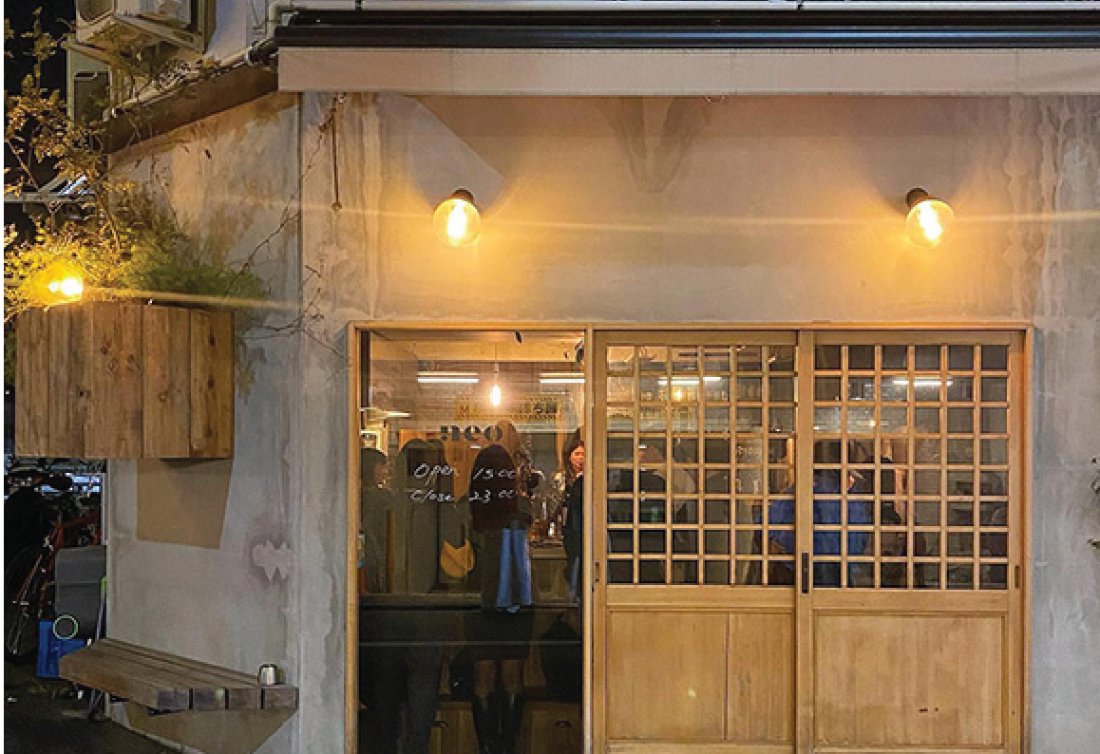 Modern venue storefront at night
